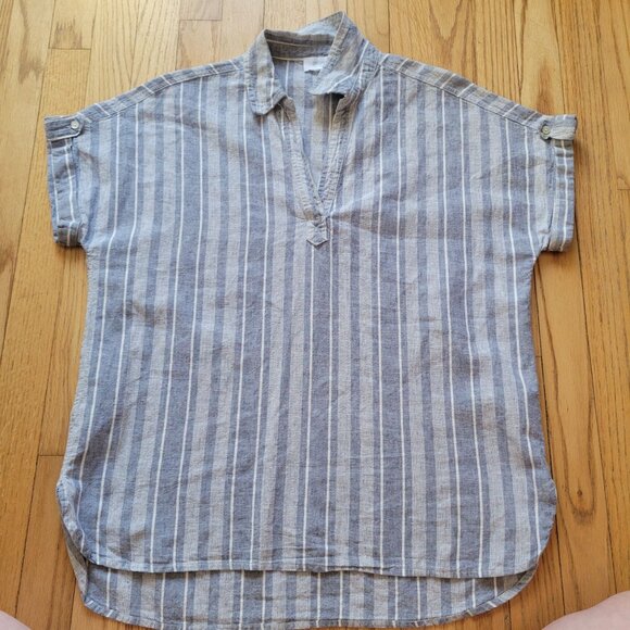 Sigrid Olsen Womens Striped Short Sleeve Button Tab Blouse Blue & White Linen La - Picture 3 of 7